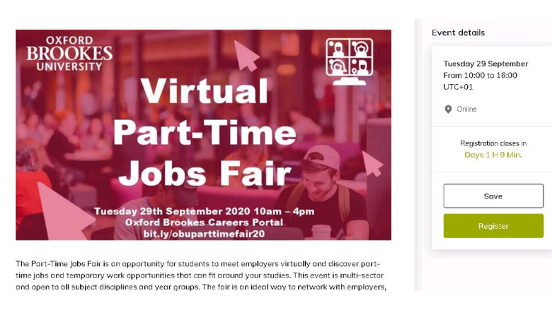 Screenshot of the Virtual Part-Time Jobs Fair event in the Careers Portal